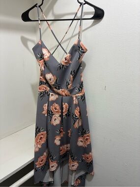 Gray High-Low Floral Spaghetti-Strap Dress with Peach Roses